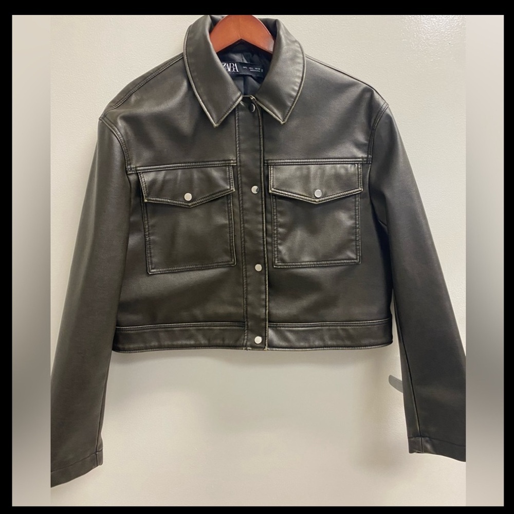 Zara faux leather crop jacket dark brown in Large. Great condition, never worn.